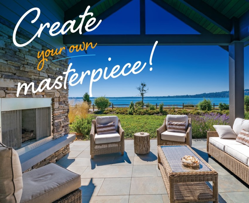 Patio furniture out in nature with text Create Your Own Masterpiece.